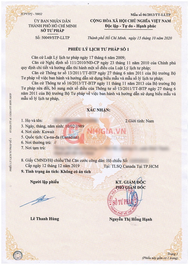 Mẫu phiếu lý lịch tư pháp số 1 cho người nước ngoài